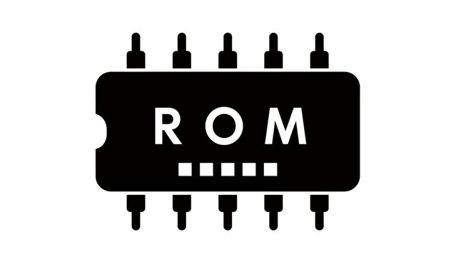 Compact ROM chip silhouette with pins and electronics icon, representing memory device in a digital circuit design.