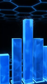 Abstract Blue Bar Graph Representing Growth On A Dark Hexagonal Grid Background With Digital Light Effects