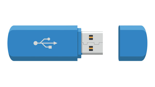 Blue USB flash drive with cap removed on white background, a compact technology gadget.