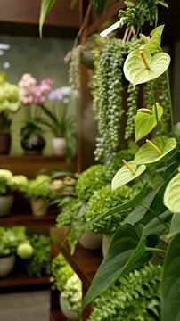 Abundant Greenery With Delicate Light Green Anthurium Flowers And Cascading Plants