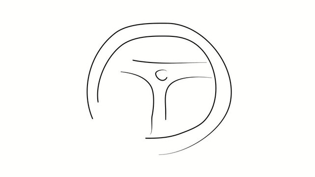 Steering wheel, transport, car. Contour drawing, silhouett animation. Continuous line. Isolated on white. Video 4k object illustration self-drawing. Object construction. Minimalist continuous line dra