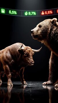Brown Bull and Bear Confrontation on Dark Background with Stock Market Ticker Display Overhead