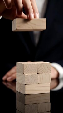 Business Professional Carefully Stacking Wooden Blocks in a Strategic Game of Balance and Risk