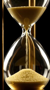 Classic Hourglass With Golden Sand Falling Against A Black Background With Subtle Reflections And Dramatic Lighting