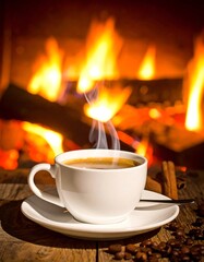 A warm cup of tea on a saucer beside a crackling fire