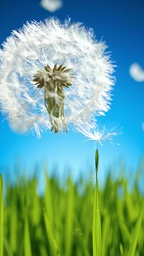 Close Up Of A Dandelion Seed Head Floating In A Bright Blue Sky With Green Grass In The Foreground