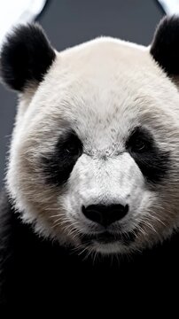 Close up Portrait of a Giant Panda Bear Face with Black Eye Patches and White Fur Covered in Snowflakes on Dark