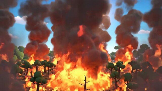 Animated wildfire ravages cartoon forest, animals flee as flames consume, danger increasing in a