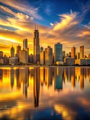 Obraz premium Chicagos majestic skyline reflects warmly on Lake Michigan at sunset, casting a golden glow across the citys skyscrapers