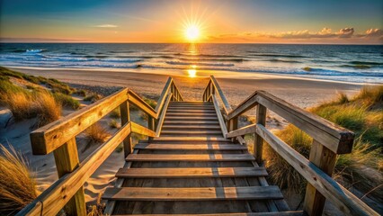 Obraz premium Weathered wooden stairs lead to serenity on a sunkissed beach at sunset