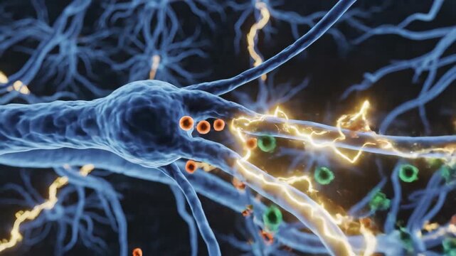 Animation depicting neurons transmitting signals with electrical impulses and neurotransmitters