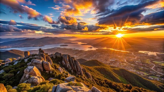 Hobarts majestic sunset unfolds over Mount Wellingtons rugged landscape