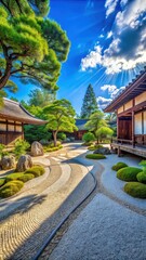Fototapeta premium A serene Japanese zen garden with raked gravel paths and ancient wooden structures, showcasing the beauty of Wabi Sabi aesthetics