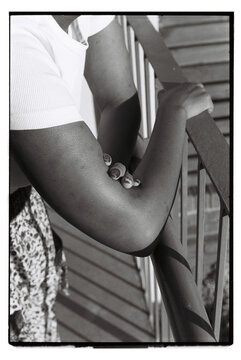 Monochrome portrait of woman with no face 