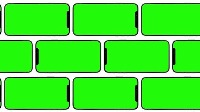 Infinite grid pattern of horizontal smartphones with green screen chroma key moving across for mobile app promo and digital marketing. Alpha channel