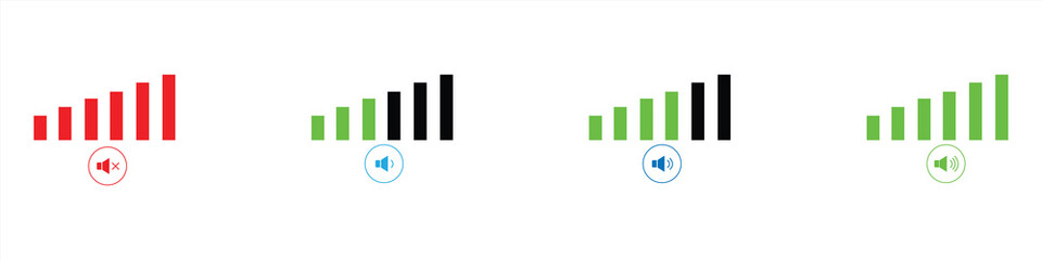 Obraz premium Volume level adjustment icon on a white background. Icon set with volume levels from low to high. Balance for sound. Vector illustration.