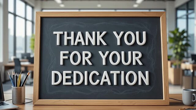 office desk chalkboard sign appreciating dedication and recognition in modern workspace