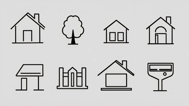Simple Line Icons of Houses and Buildings.