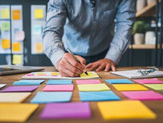 Fototapeta premium Business coach leading agile project management planning session with colorful sticky notes and notebook wooden table, focused collaborative