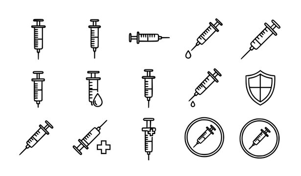Syringe Medical Line Icons Set Vaccination and Healthcare Vector Collection