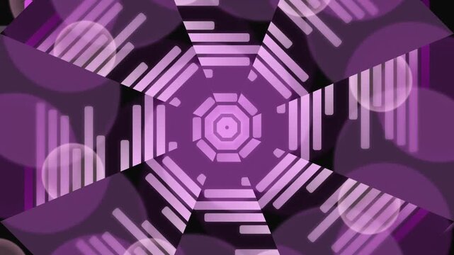 Abstract Purple Kaleidoscope Pattern with Geometric Shapes and Bubbles, Hypnotic Visuals for Backgrounds and VJ Loops.