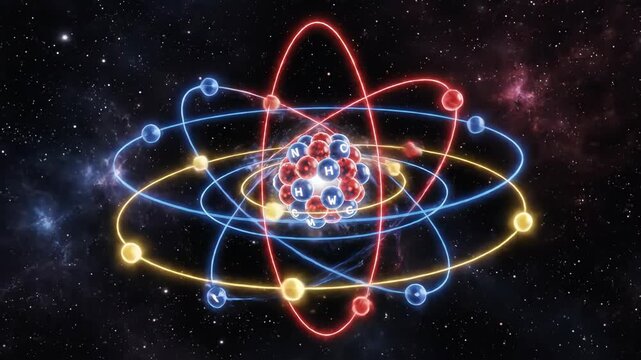 Atom animation sequence with glowing orbits in deep space exploration of quantum physics
