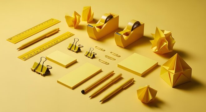 Collection of various yellow office and school supplies neatly arranged on a monochromatic yellow background, creating a vibrant and organized display.