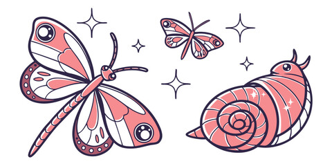 Three colorful butterflies and a snail in a whimsical illustration © Mamun