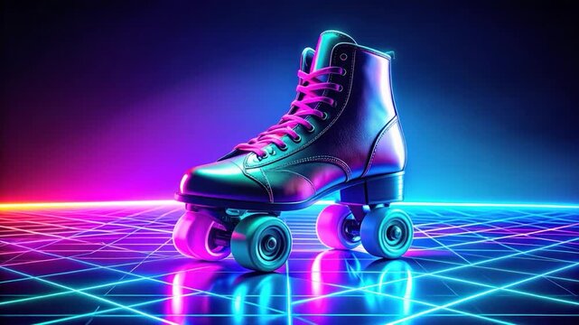 Neon-lit roller skate on a glowing, grid-patterned surface