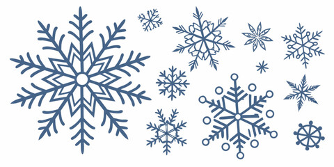 A variety of intricate snowflakes with unique patterns and shapes displayed against a white background