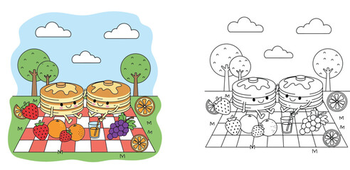 Obraz premium Cute Pancake Characters Picnic Scene Vector Illustration with Fruits and Juice, Including a Black and White Coloring Page Version for Children Activity
