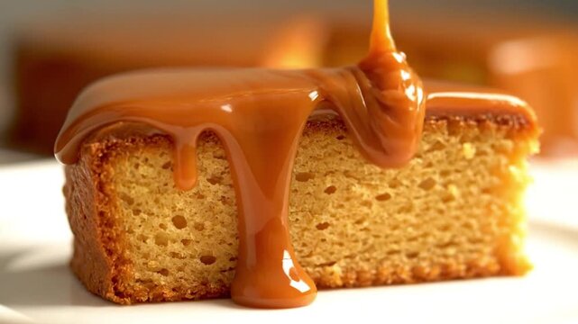 Caramel Sauce Drizzle on Cake Slice Close-Up