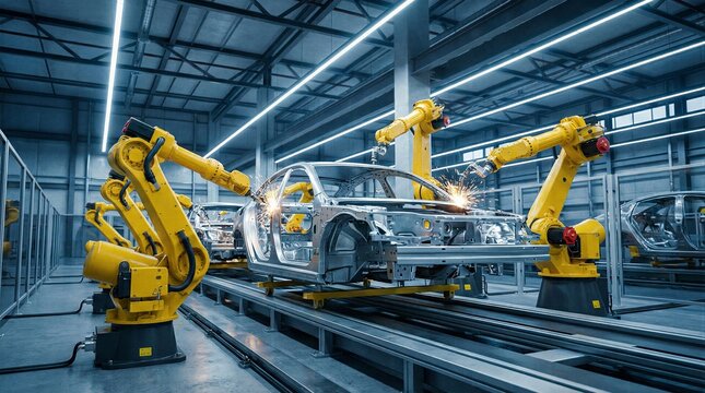 Dual Conveyor Belt System with Yellow Robotic Welders Assembling Automobile Bodies in Large Plant