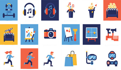 Fototapeta premium Hobby and Entertainment Icon Set with Music Fitness Painting Photography Gaming Shopping and Movie Symbols for Lifestyle and Activity Design