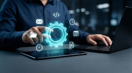 Business Professional Interacting with Holographic Gear and Productivity Icons on Digital Tablet