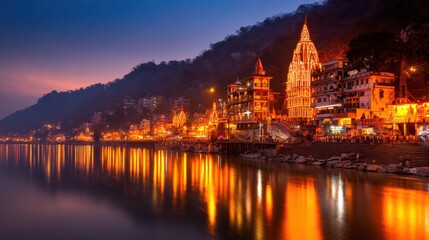 Fototapeta premium A serene riverside view at dusk, with illuminated buildings and reflecting lights on the water