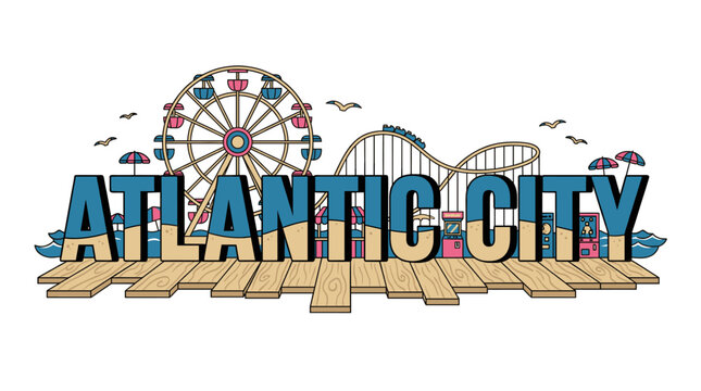 Atlantic City boardwalk with amusement park rides vector illustration