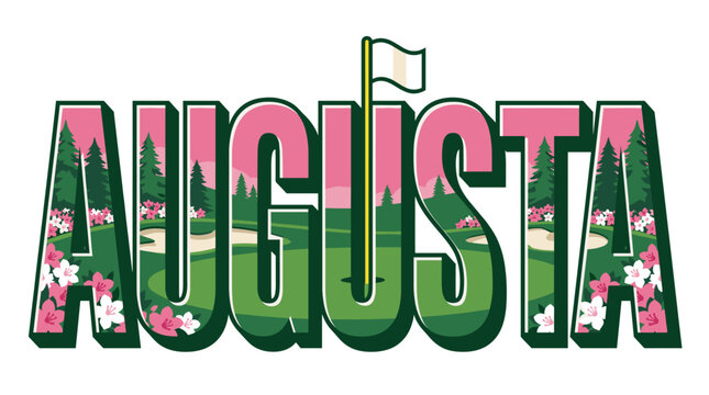 Augusta typography with scenic golf course and azaleas vector illustration