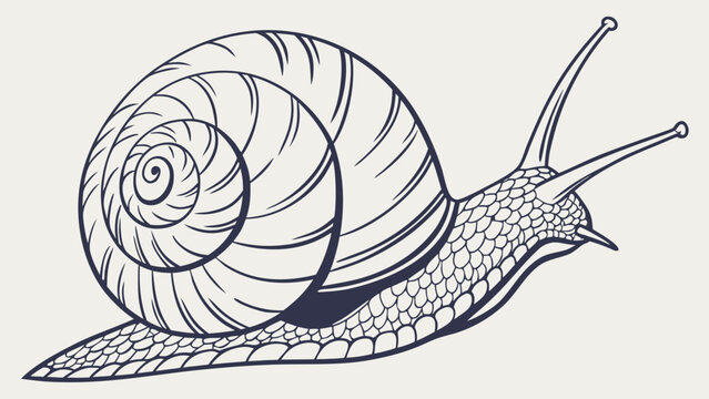 Detailed Line Art Illustration of a Snail with a Spiral Shell.