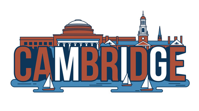 Cambridge Massachusetts skyline with landmarks and sailboats vector illustration