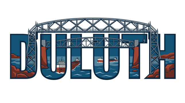 Duluth Minnesota Aerial Lift Bridge and ships souvenir vector illustration