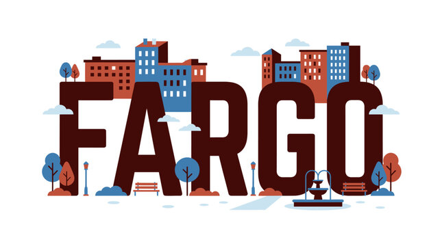 Fargo city typography with urban landscape park vector illustration
