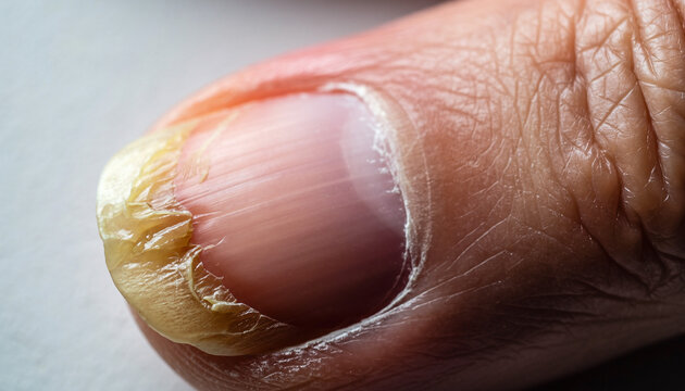 Detailed macro photography of a human finger displaying an advanced fungal nail infection, evident through severe yellowing, thickening, and a visibly damaged, irregular surface texture