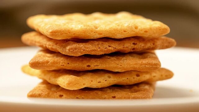 Crispy Crackers Stacked on Plate Close-Up