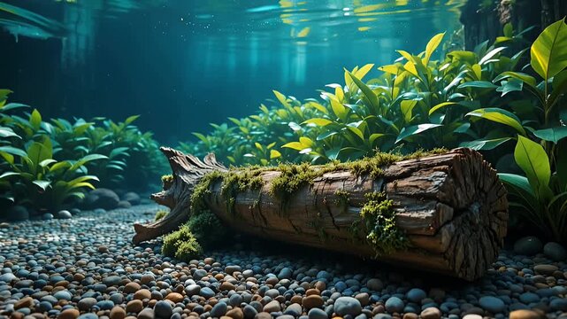 underwater log on pebble bed among green aquatic plants in clear water