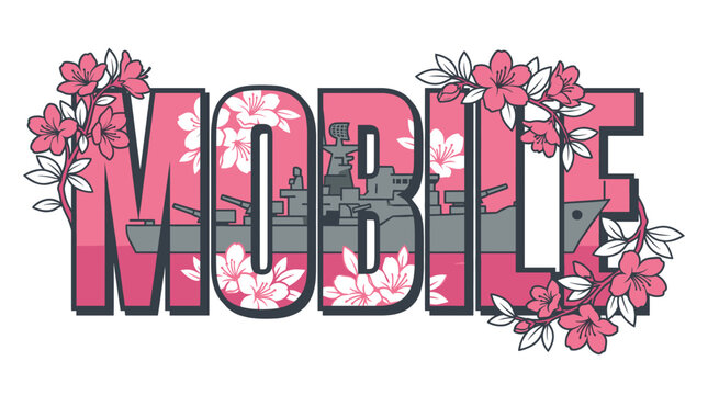 Mobile Alabama city name with battleship and flowers vector illustration