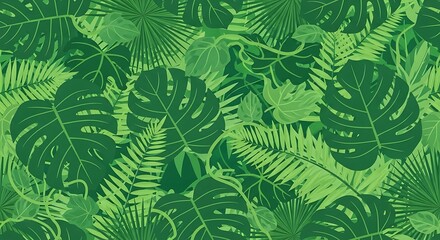Fototapeta premium A vibrant green background filled with various tropical leaves, including monstera and ferns, creating a dense, lush foliage pattern.