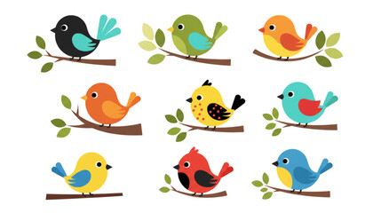 Fototapeta premium Happy Colorful Cartoon Birds Vector Set. Cute Little Animals for Kids Education, Web Design, Nursery Decor, and Spring Themes.