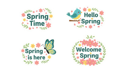Fototapeta premium Spring Floral Labels Set Welcome Hello Spring for Social Media Marketing and Greeting Cards Design
