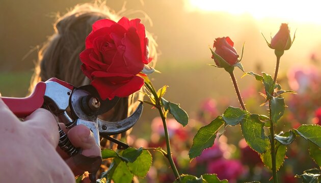 A woman cutting a red rose with pruning shears in a garden